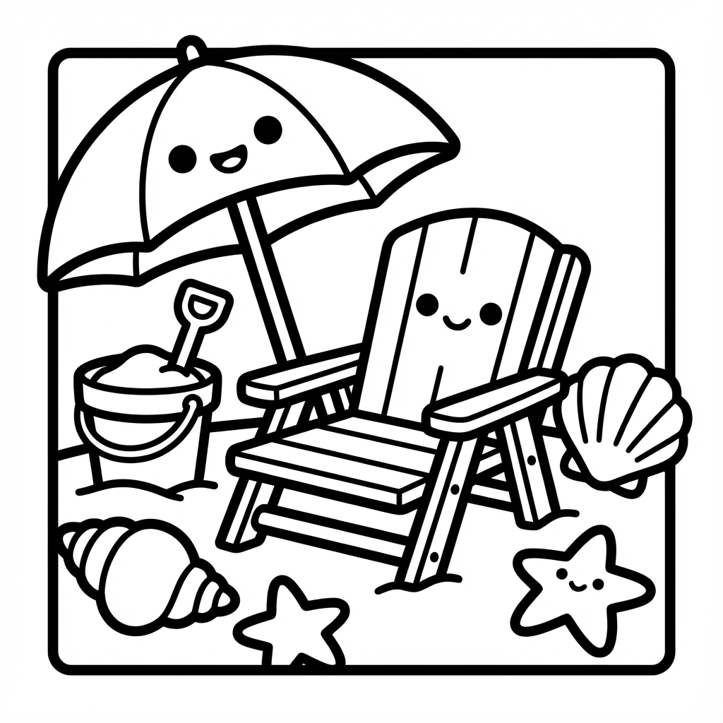 Cute beach chair and umbrella, ideal for bold line coloring pages and easy color-in pages wide lines.